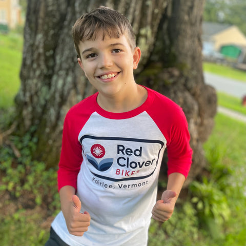 Red Clover Bikes Baseball T on Youth wearing Adult Size XS
