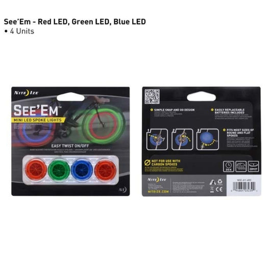 Packaging for See'Em Mini Spoke Lights, showing a four-pack of LED lights in red, green, blue, and yellow colors, designed for attachment to bicycle spokes.