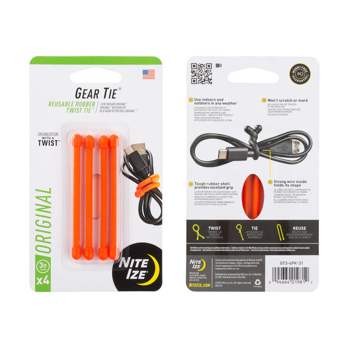 NiteIze Original Gear Tie Reusable Rubber Twist Tie 3 in. - 4 Pack